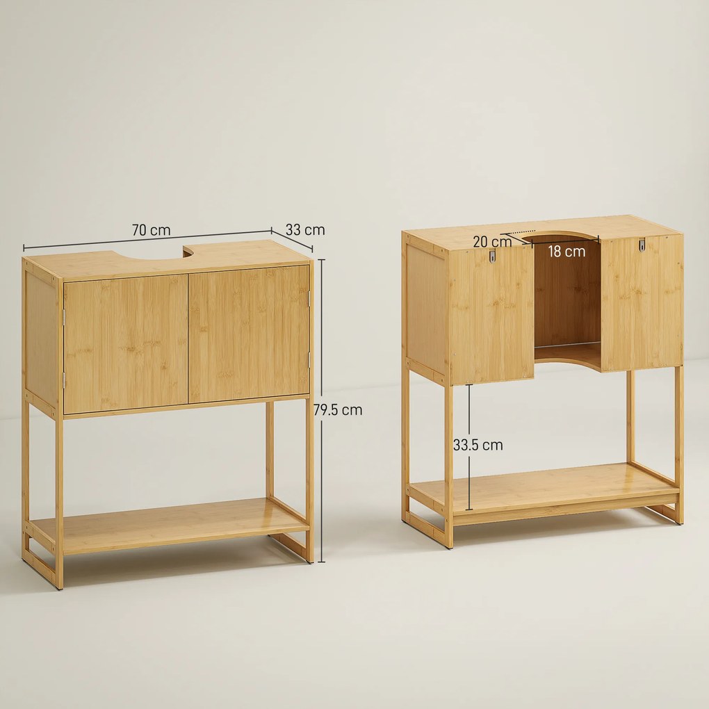 HOMCOM Dulap de Baie Sub Chiuvetă, Dulap de Depozitare pentru Chiuvetă din Bambus cu 2 Uși, Raft de Jos și Fantă în Formă de U pentru Potrivirea Țevii, 70x33x79.5 cm, Natural | Aosom Romania