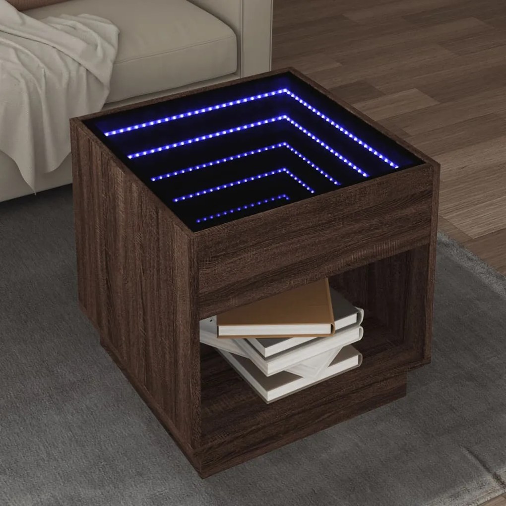 847657 vidaXL Măsuță de cafea cu LED infinity, stejar maro, 50x50x50 cm