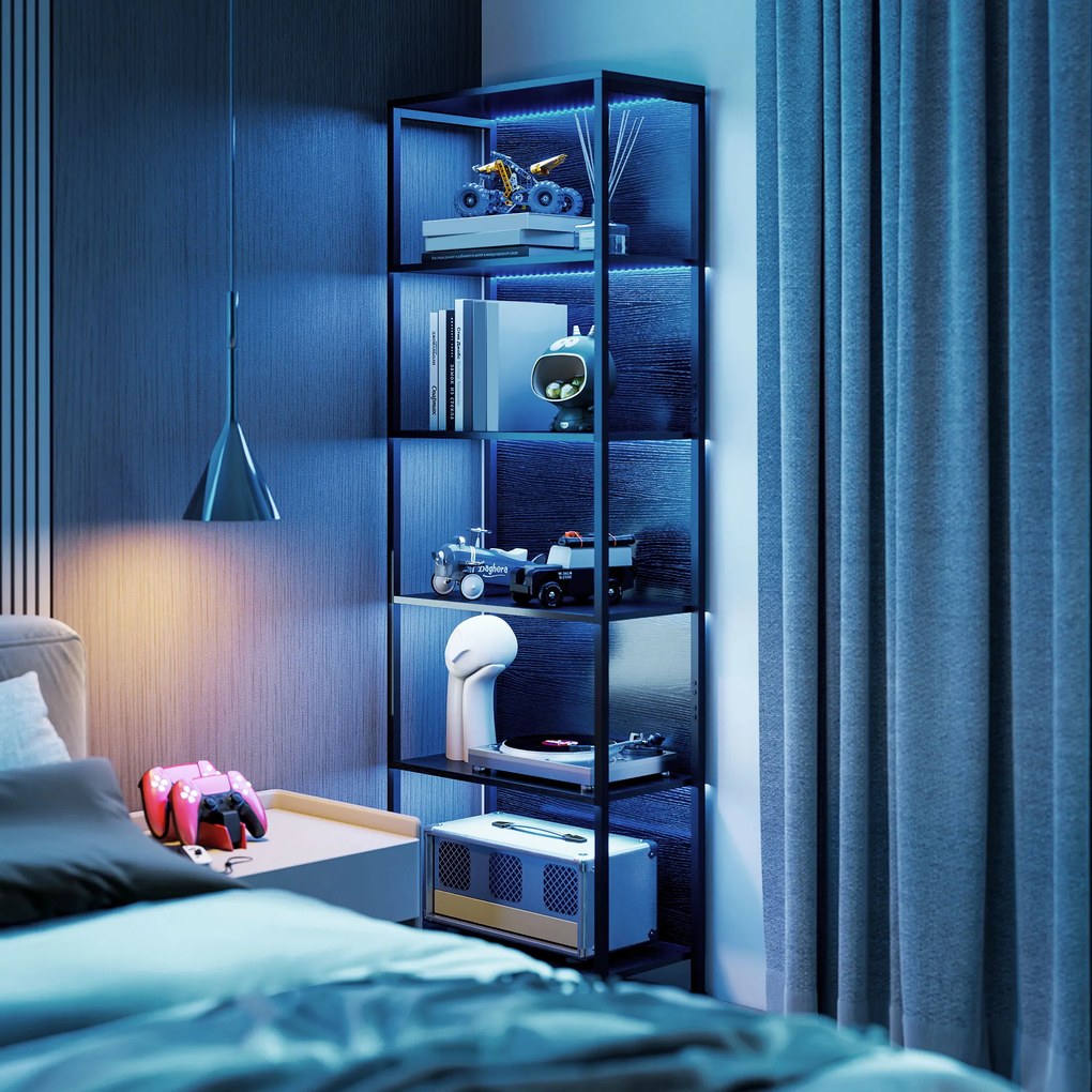 HOMCOM Bibliotecă cu 5 Rafturi, Verticală cu Iluminare LED în 7 Culori, Economisire Spațiu pentru Living, Dormitor și Birou, 60x30x179 cm, Negru | Aosom Romania