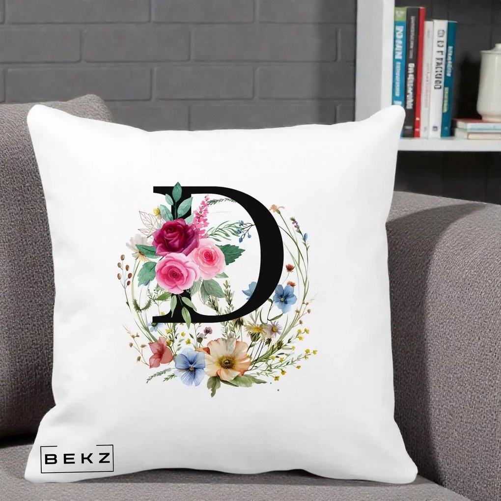 Cadou Personalizat - Perna Personalizata Monogram Litera D cu Flori Acuarela, 40x40 cm, Alba Mata, Husa Detasabila, Perna Inclusa, BEKZ®
