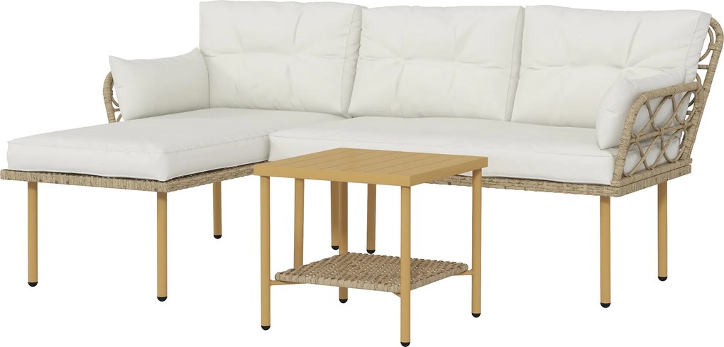 Outsunny Set Mobilier Grădină 4 Persoane, 3 Piese cu Măsuță de Cafea, Perne Confortabile Incluse, Ratan Crem | Aosom Romania