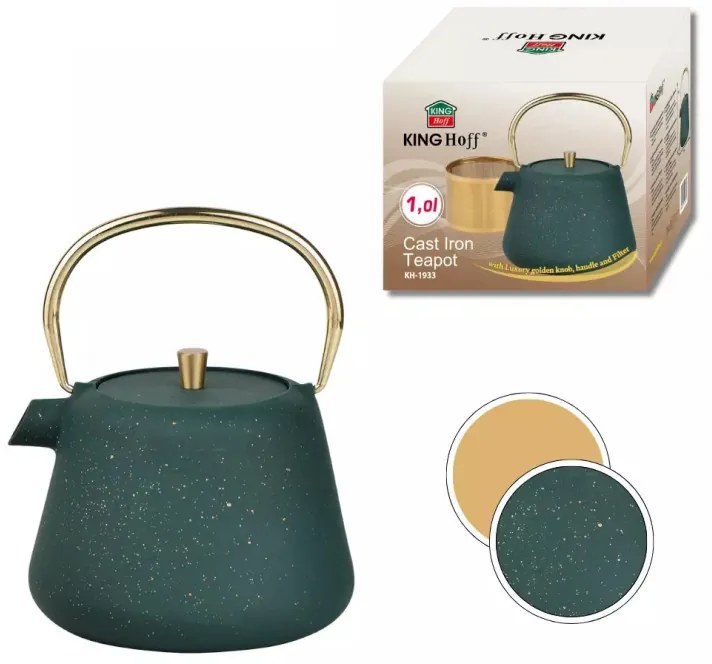 Ceainic din fonta cu infuzor Kinghoff KH 1933, 1 l, Interior emailat, Inducție, Verde
