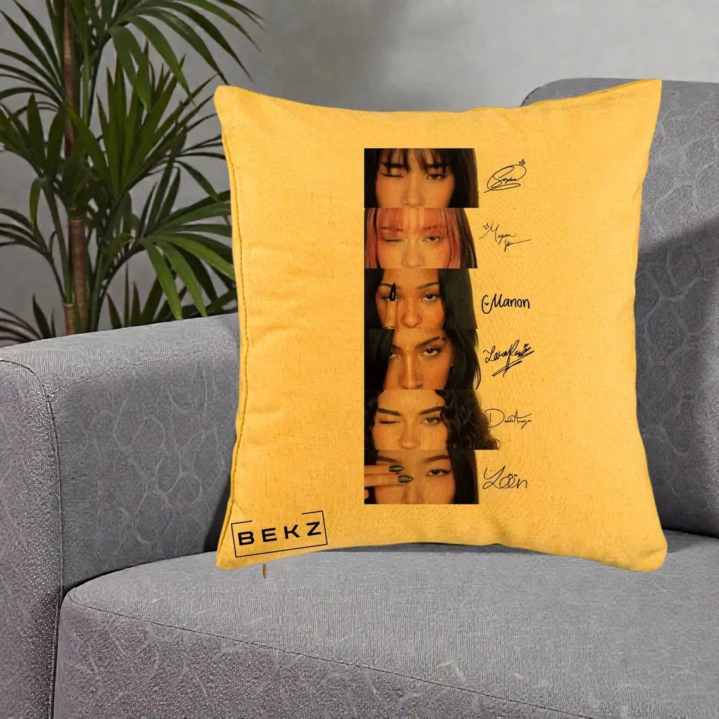 Perna Personalizata K-pop KATSEYE Semnaturi fara Foto, 40x40 cm, Galben, Husa Detasabila, Perna Inclusa, BEKZ®