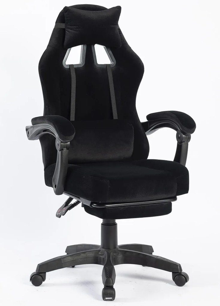 Scaun gaming, masaj în perna lombară, suport picioare, negru, catifea