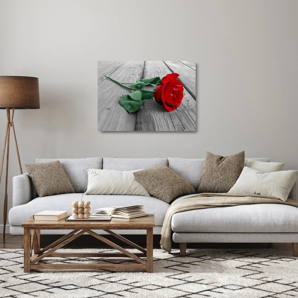 Tablou pe sticlă - Trandafir roșu cu tulpină verde (70x50 cm)