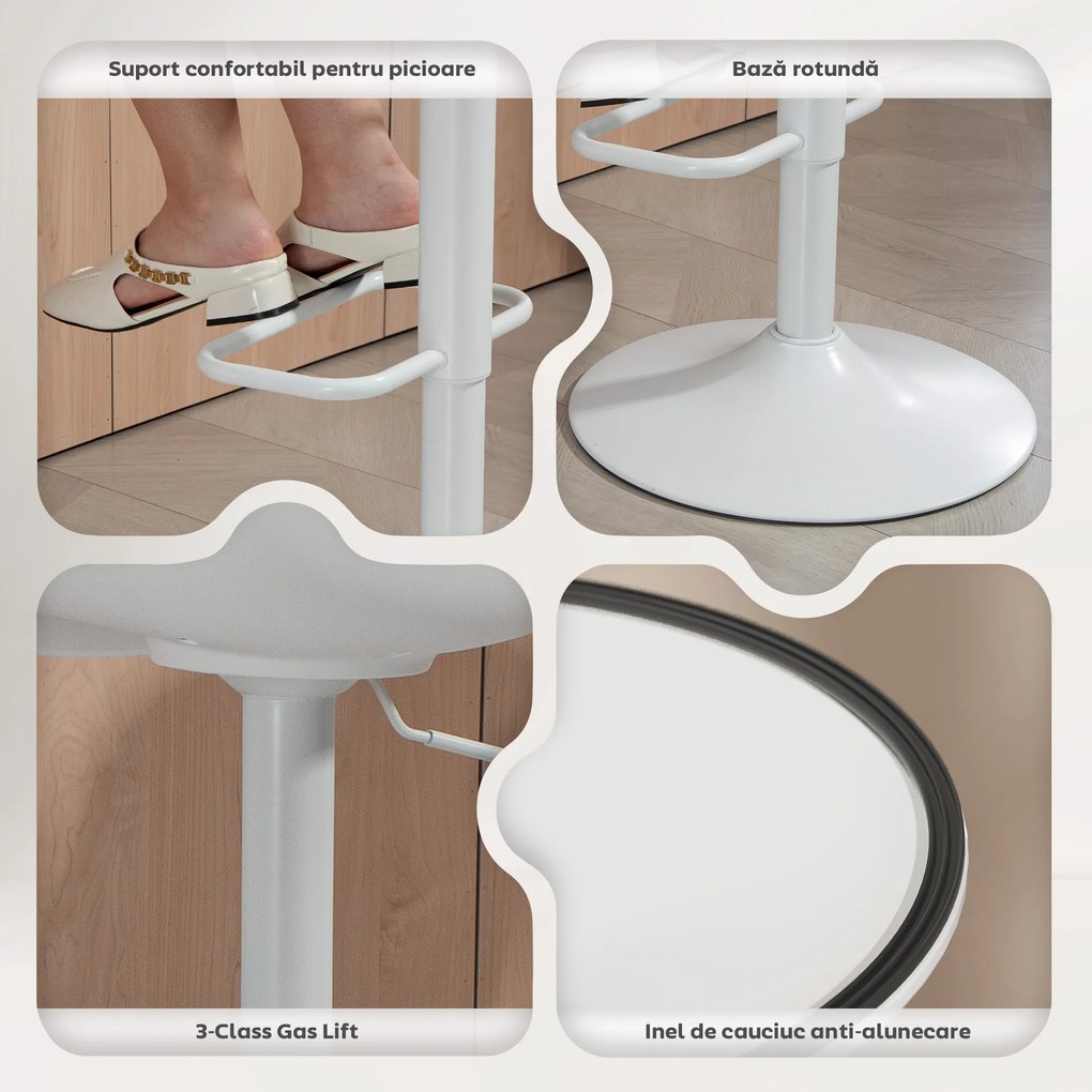 HOMCOM Set de 2 Scaune de Bar Rotative cu Spătar și Înălțime Reglabilă Alb | Aosom Romania