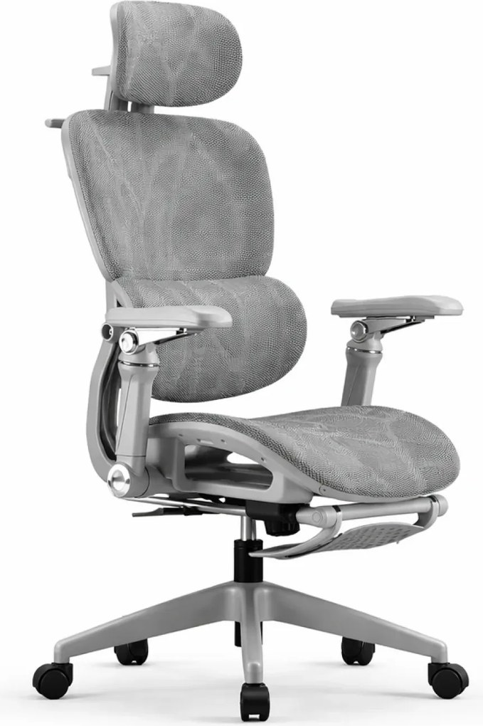 Scaun ergonomic, Sezut Translatie, cotiere 6D, tetiera 6D, suport lombar reglabil, spătar reglabil inaltime, pivotant, suport picioare, Gri