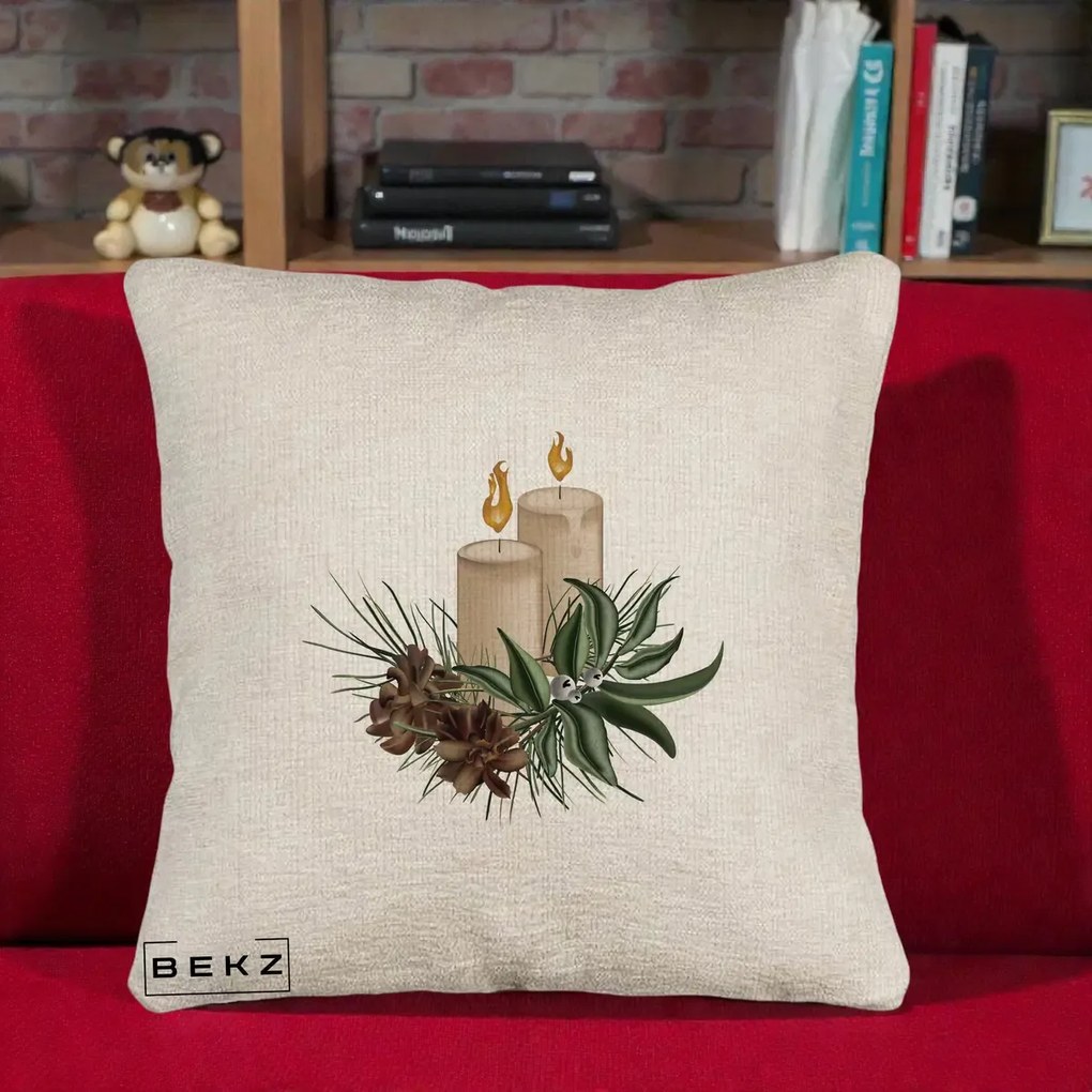 Perna Decorativa Lumanari cu Ilex si Conuri Ilustratie, 40x40 cm, Bej Canapea, Husa Detasabila, Perna Inclusa, BEKZ®
