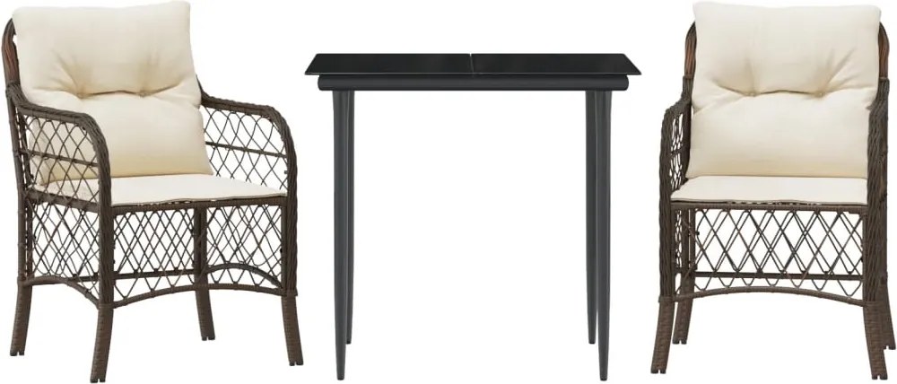 vidaXL Set bistro cu perne, 3 piese, maro, poliratan