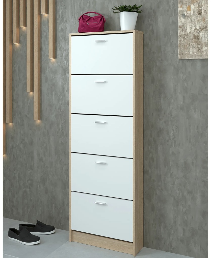 Dulap pantofi, 5 rafturi, stejar sonoma/ alb, MOBI 15