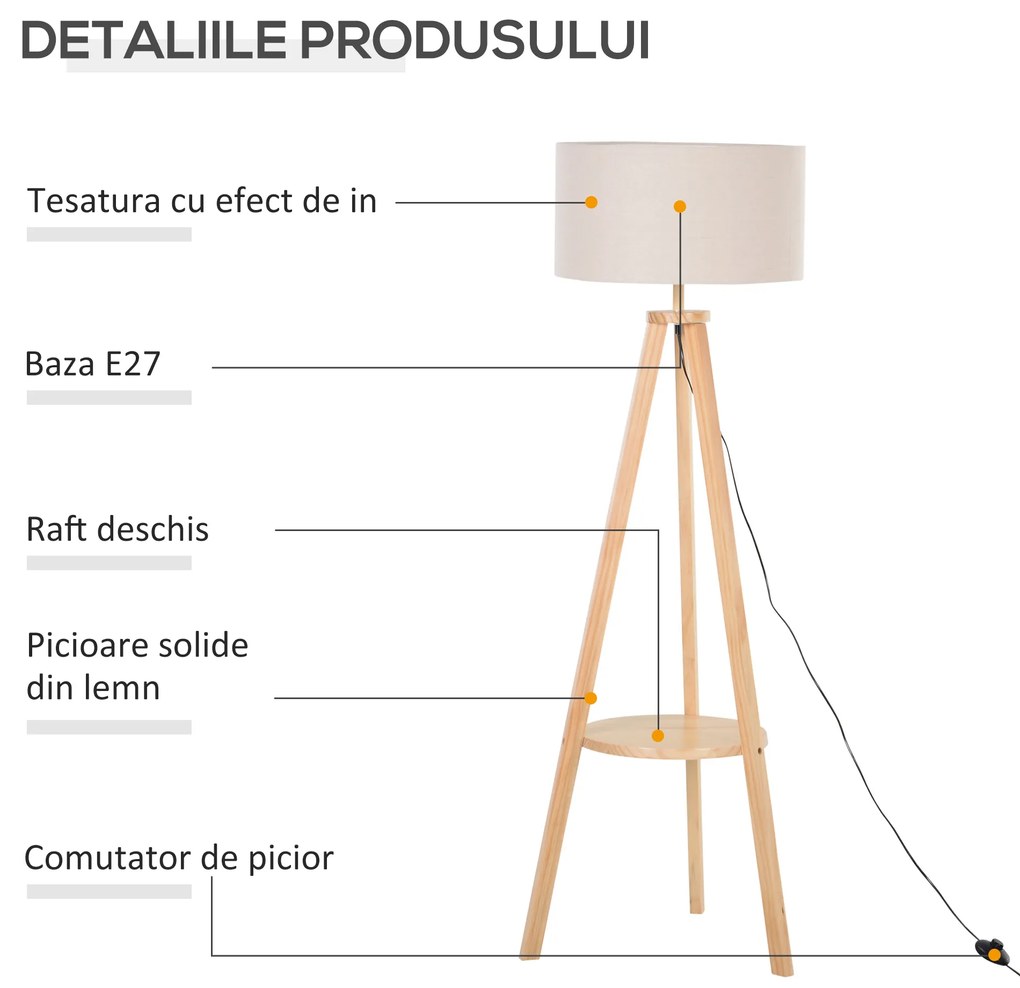 HOMCOM Lampa de Podea din Lemn cu Intrerupator de Pedala, Design Modern, pentru Living sau Dormitor, 154cm Inaltime | Aosom Romania