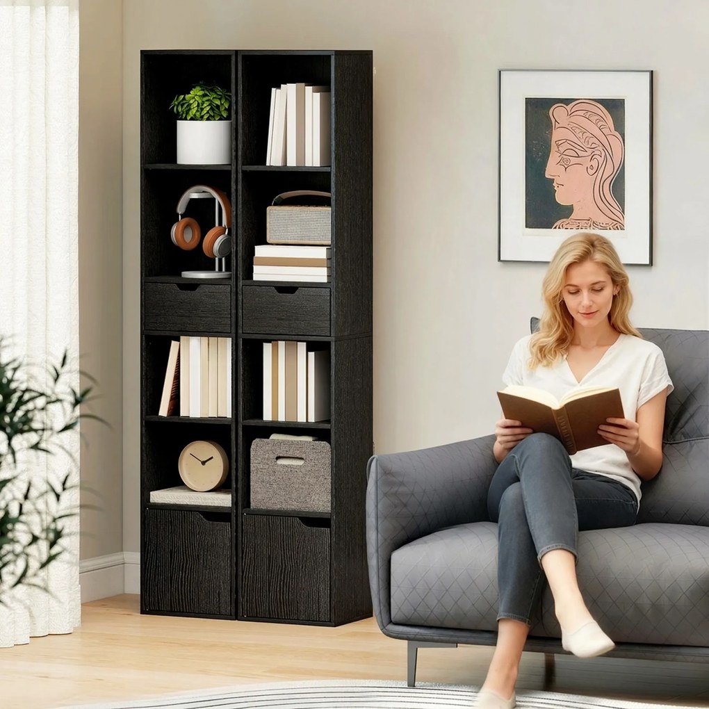 HOMCOM Bibliotecă cu 4 Rafturi Deschise, Dulap și Sertar, 30x24x158 cm, Negru | Aosom Romania