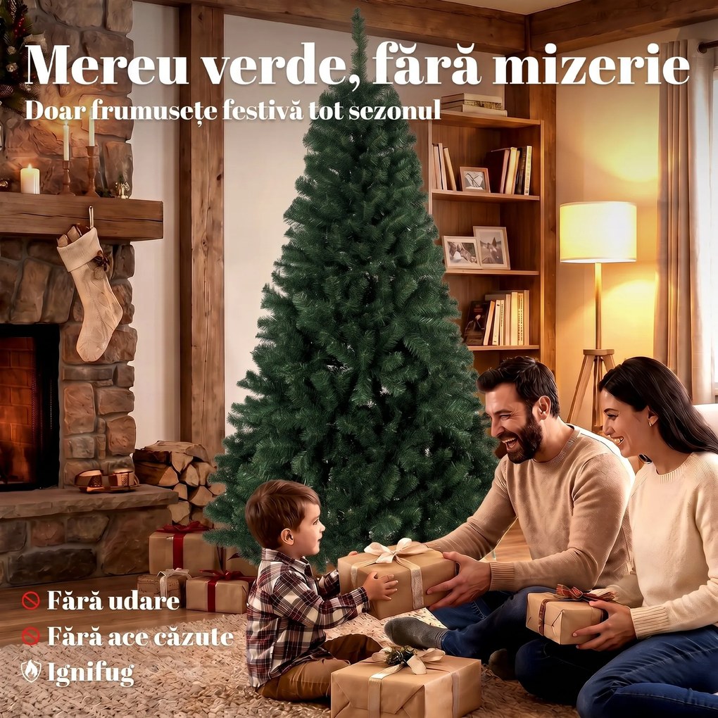 HOMCOM Brad Artificial de Crăciun, 180 cm, 888 Ramuri Ignifuge, Bază Metalică Pliabilă, Verde | Aosom Romania