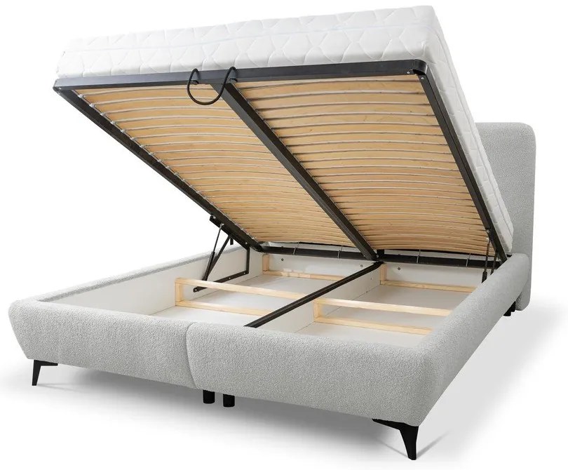 Pat matrimonial gri deschis tapițat cu spațiu de depozitare cu somieră 140x200 cm Makapu – Makamii