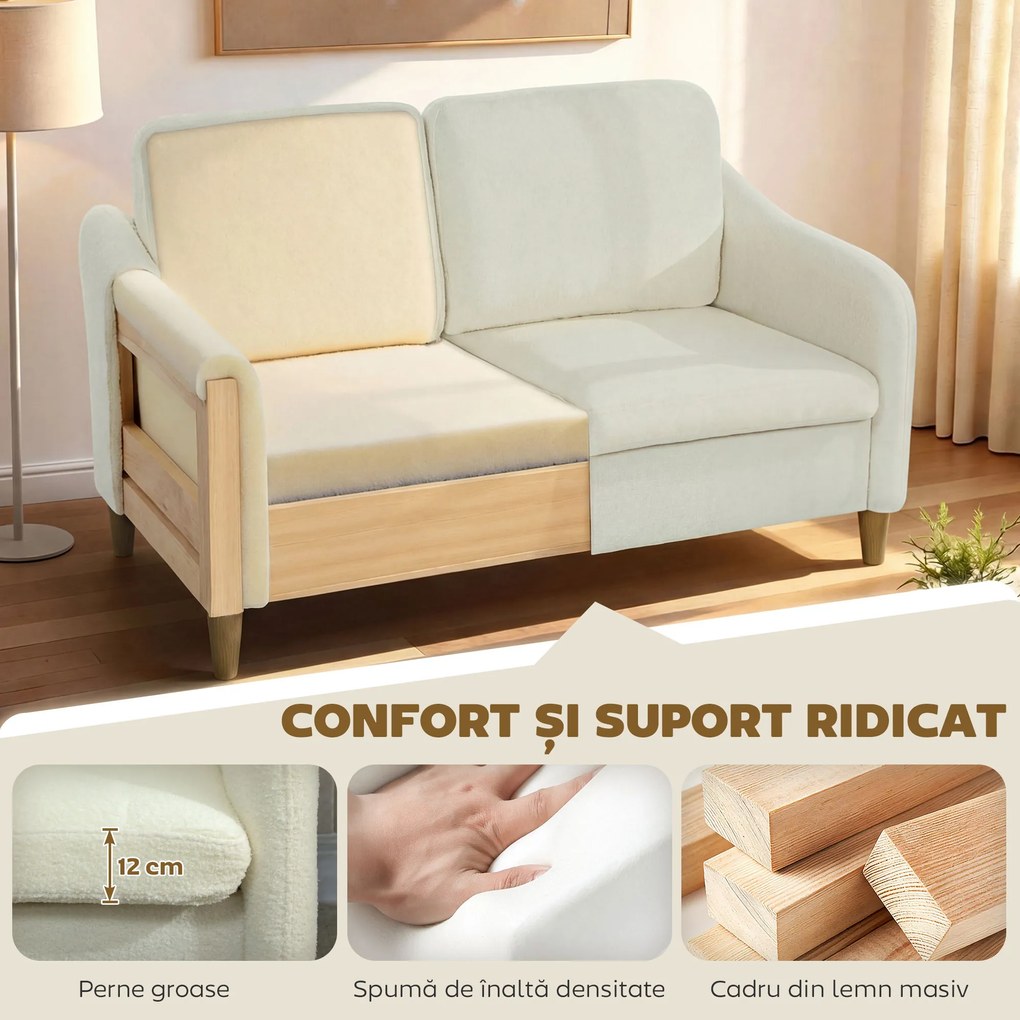 HOMCOM Divan 2 Locuri Imbottit în Sherpa cu Perne Detașabile, Picioare din Lemn de Eucalipt, Design Compact pentru Living, 137x69x82 cm, Crem | Aosom Romania
