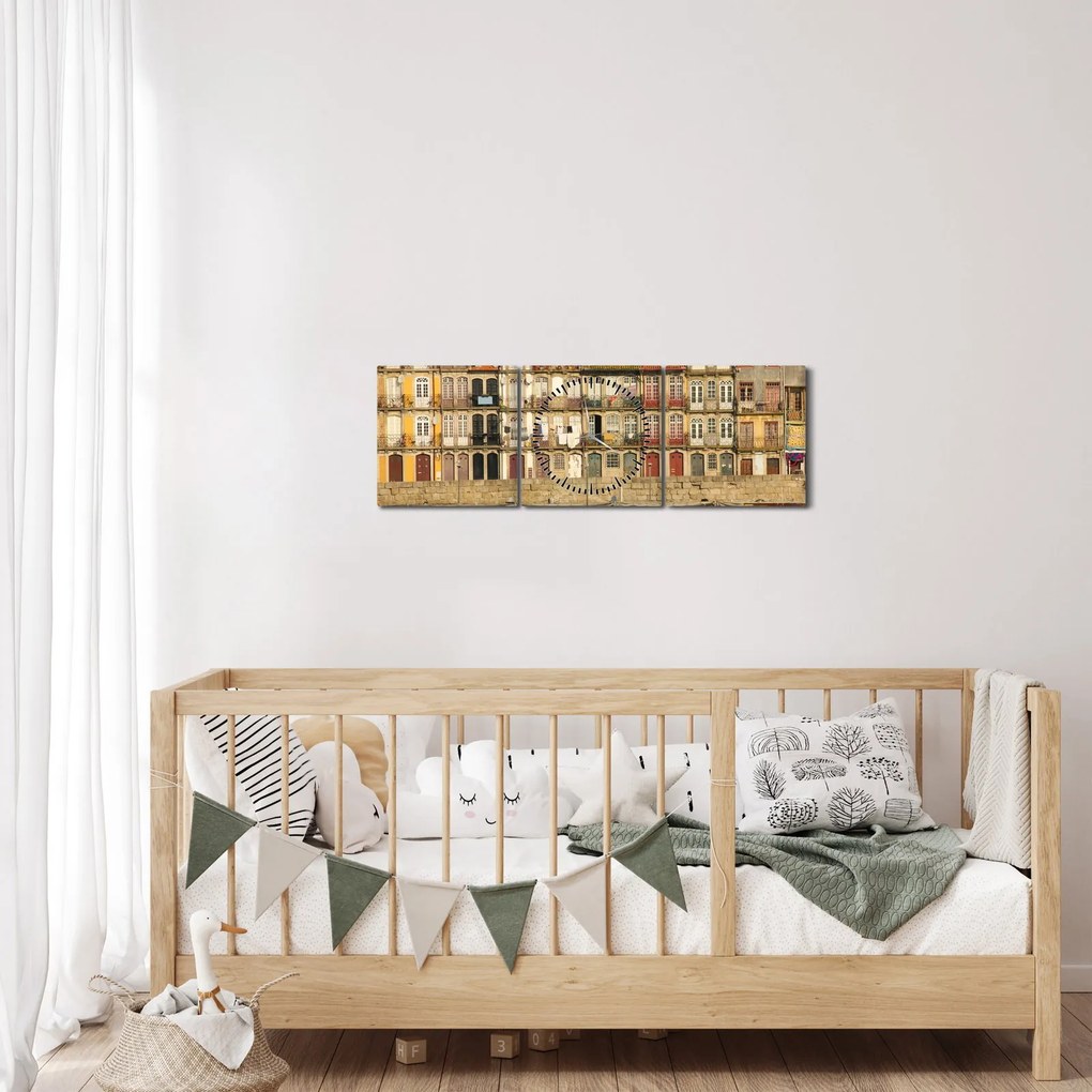 Tablou - Cartierul Waterfront, Portugalia (cu ceas) (90x30 cm)
