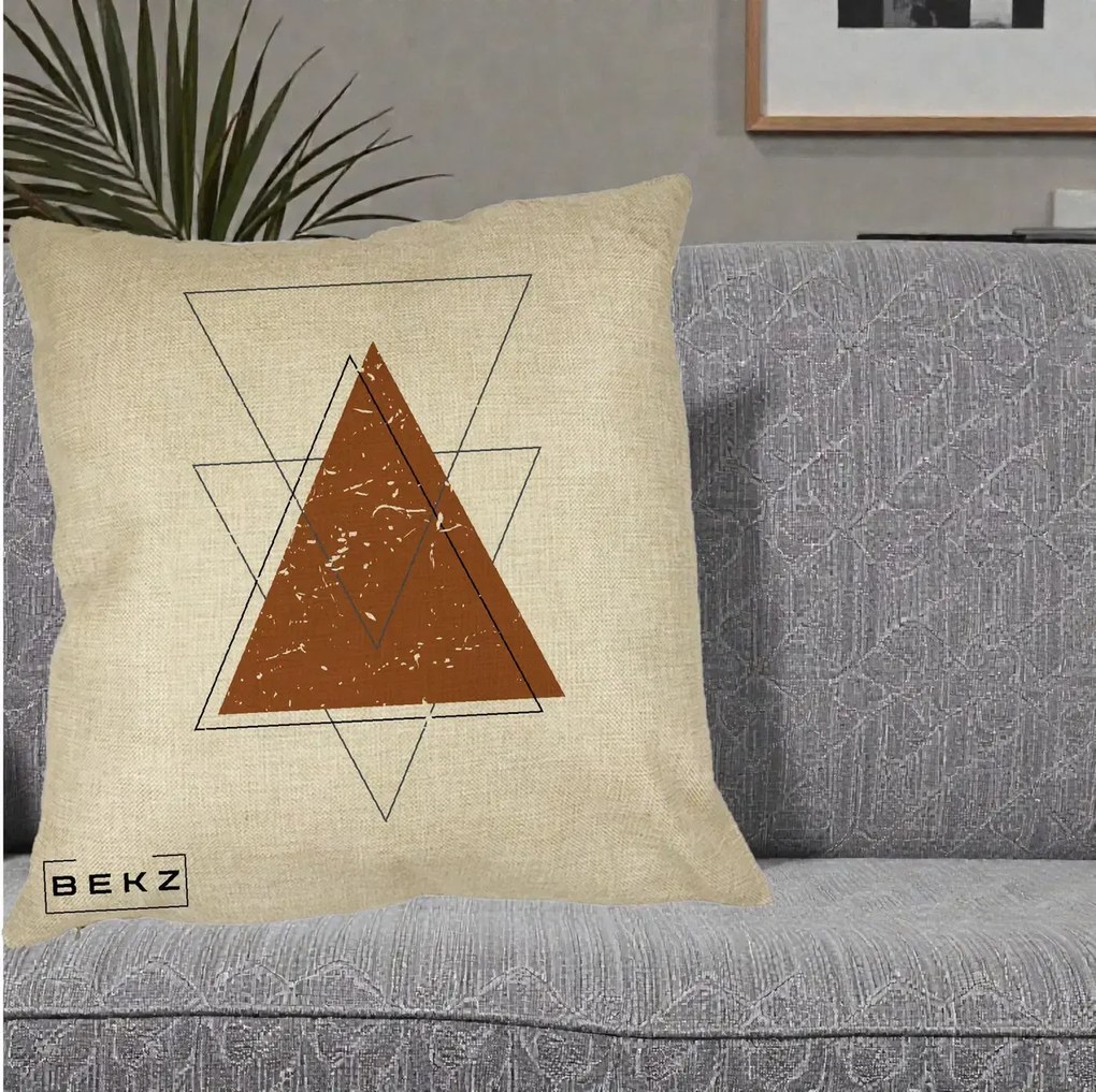 Perna Decorativa Geometric Triunghiuri Sacred, 40x40 cm, Crem, Husa Detasabila, Perna Inclusa, BEKZ®