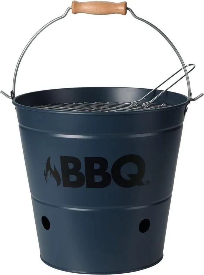 Găleată grătar BBQ portabilă Ø26 cm, metal zincat, culoare bleumarin mat, cu grătar și mâner, pentru camping și picnic