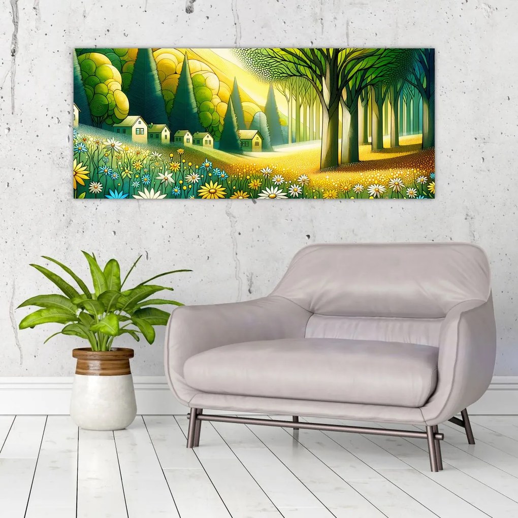Tablou - Sat în galben-verde (120x50 cm)