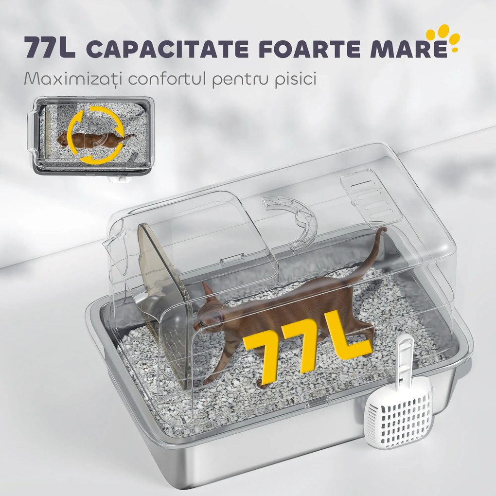 PawHut Litieră pentru pisici închisă cu tavă din oțel, lopățică și pungi filtrante, din PP, 40.5x60.5x41.5 cm | Aosom Romania