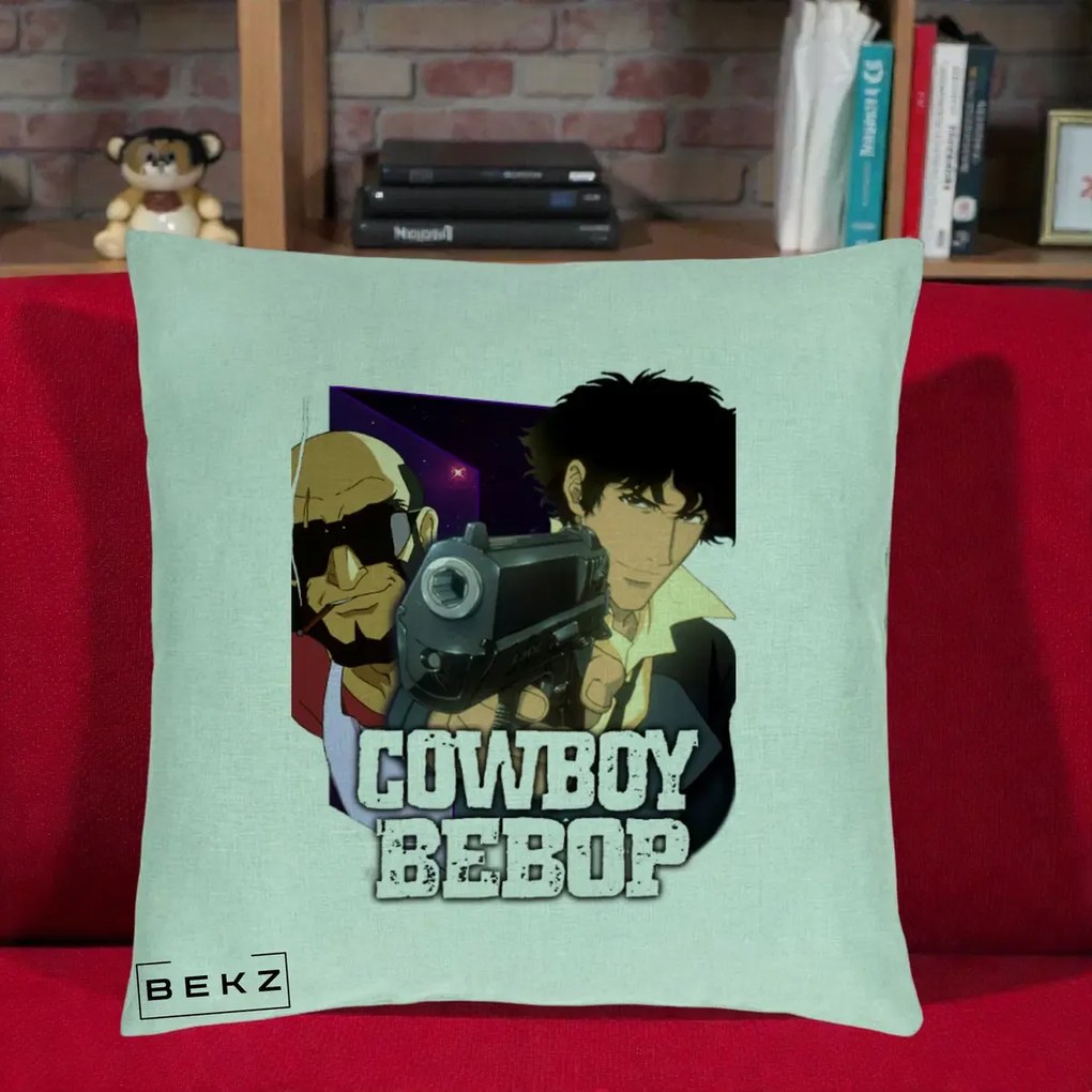 Perna Personalizata Cowboy Bebop Spike si Jet Poster, 40x40 cm, Verde Menta, Husa Detasabila, Perna Inclusa, BEKZ®
