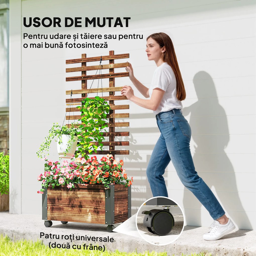 Outsunny Jardiniera cu Spalier pentru Plante Agatatoare si Roti, Jardiniera din Lemn de Brad cu Design Autodrenant, 65x31x147 cm, Maro Carbonizat