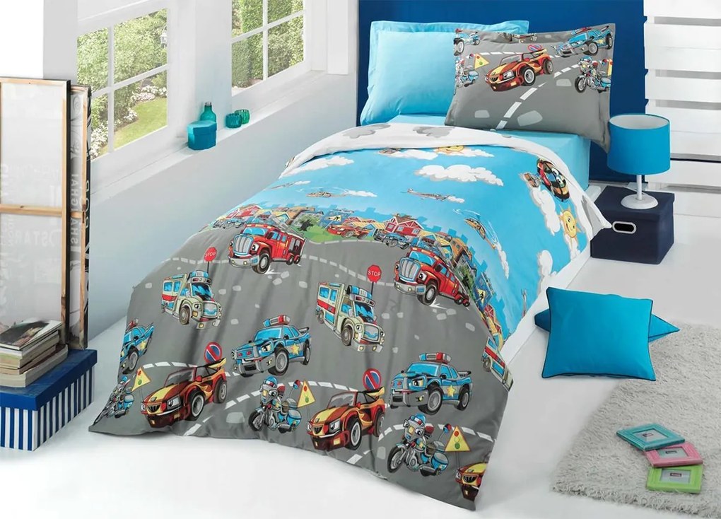 Lenjerie de pat copii City Cars /160x200 cm dimensiune standard