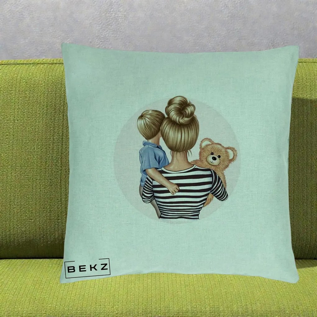 Cadou pentru Mama - Perna Personalizata Mama si Baietelul cu Ursulet, 40x40 cm, Verde Menta, Husa Detasabila, Perna Inclusa, BEKZ®