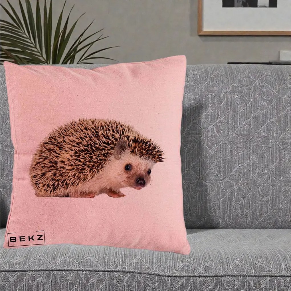 Perna Decorativa Arici Fotorealist, 40x40 cm, Roz, Husa Detasabila, Perna Inclusa, BEKZ®