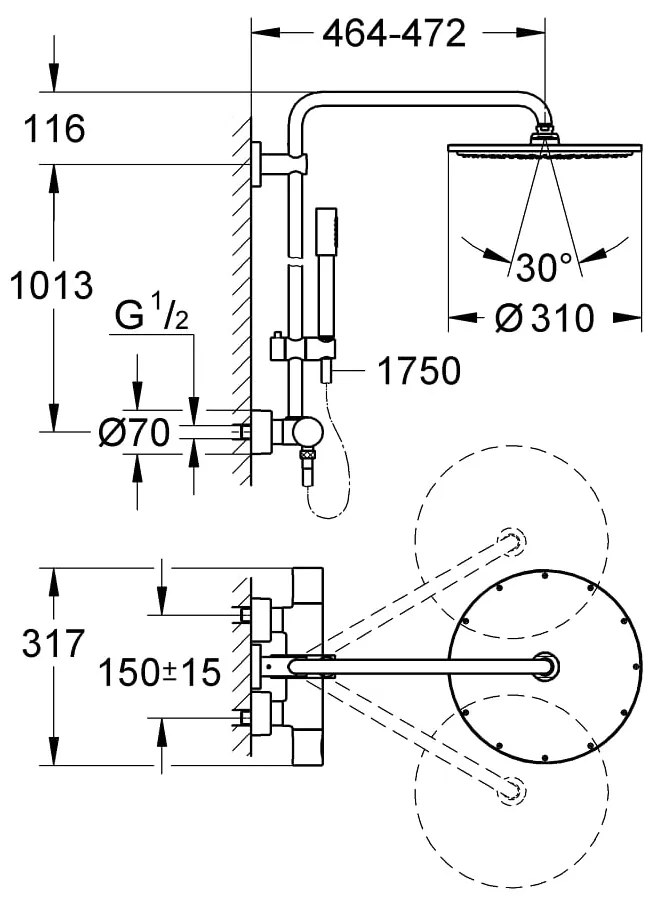 Coloana de dus Grohe Rainshower Rainshower System 310, baterie termostatata, 101cm, crom - 27966000