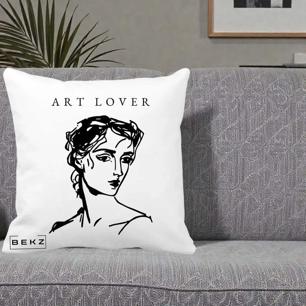Perna Decorativa Art Lover Portret Grafic, 40x40 cm, Alba Mata, Husa Detasabila, Perna Inclusa, BEKZ®