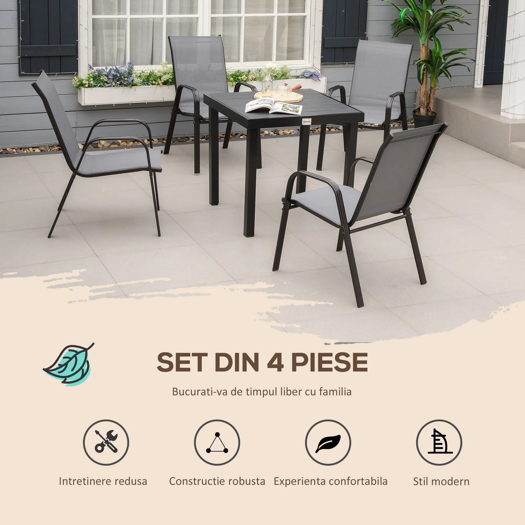 Outsunny Set de 4 Scaune de Grădină Stivuibile, Scaune de Exterior cu Cotiere din Metal și Țesătură Respirabilă, 54x75.5x95 cm, Gri | Aosom Romania