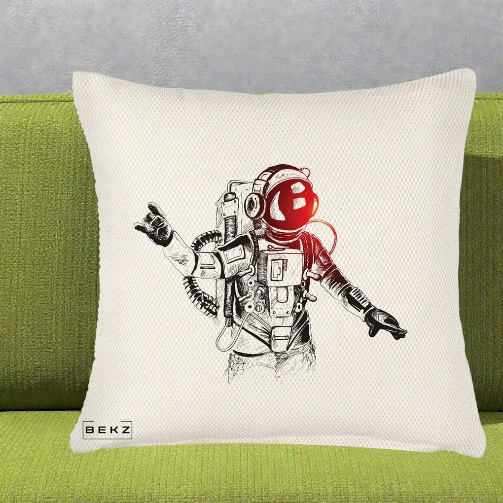 Perna Decorativa Astronaut Rock Sketching, 40x40 cm, Crem Reliefat, Husa Detasabila, Perna Inclusa, BEKZ®