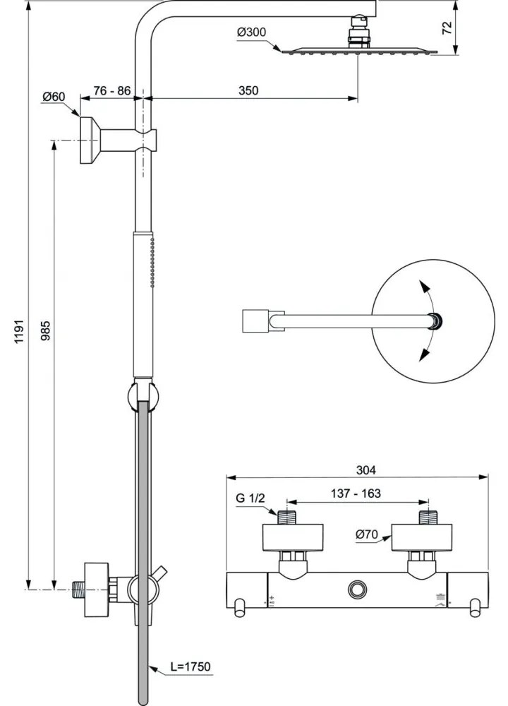 Coloana de dus cu baterie termostatata Ideal Standard Ceratherm T125 auriu periat Auriu periat