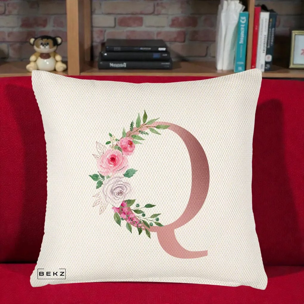 Cadou Personalizat - Perna Personalizata Monograma Rose Gold Litera Q, 40x40 cm, Crem Reliefat, Husa Detasabila, Perna Inclusa, BEKZ®