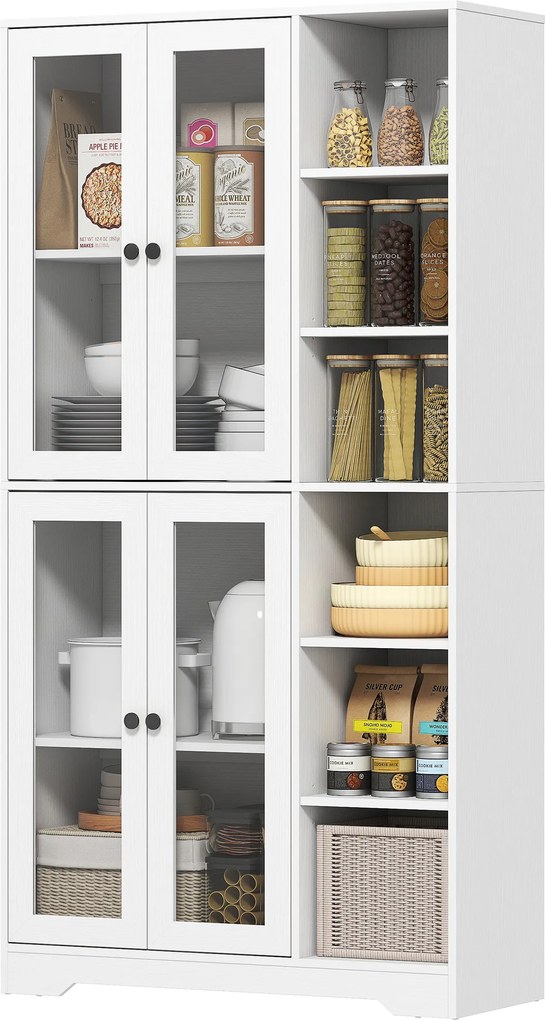 HOMCOM Dulap de bucătărie cu uși din sticlă, rafturi, polițe deschise, 172 cm înălțime, MDF, Alb | Aosom Romania