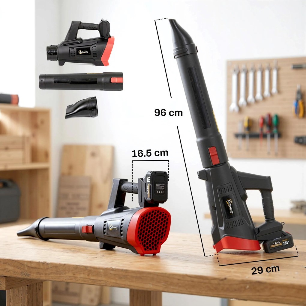 Outsunny Suflător cu Baterie 18V, Suflător de Frunze cu 2 Baterii 4Ah, Motor Brushless 600W, 3 Trepte Viteză 149 km/h, Turbo Boost, 2 Țevi, Încărcător, pentru Grădină Frunze Zăpadă Praful | Aosom Romania