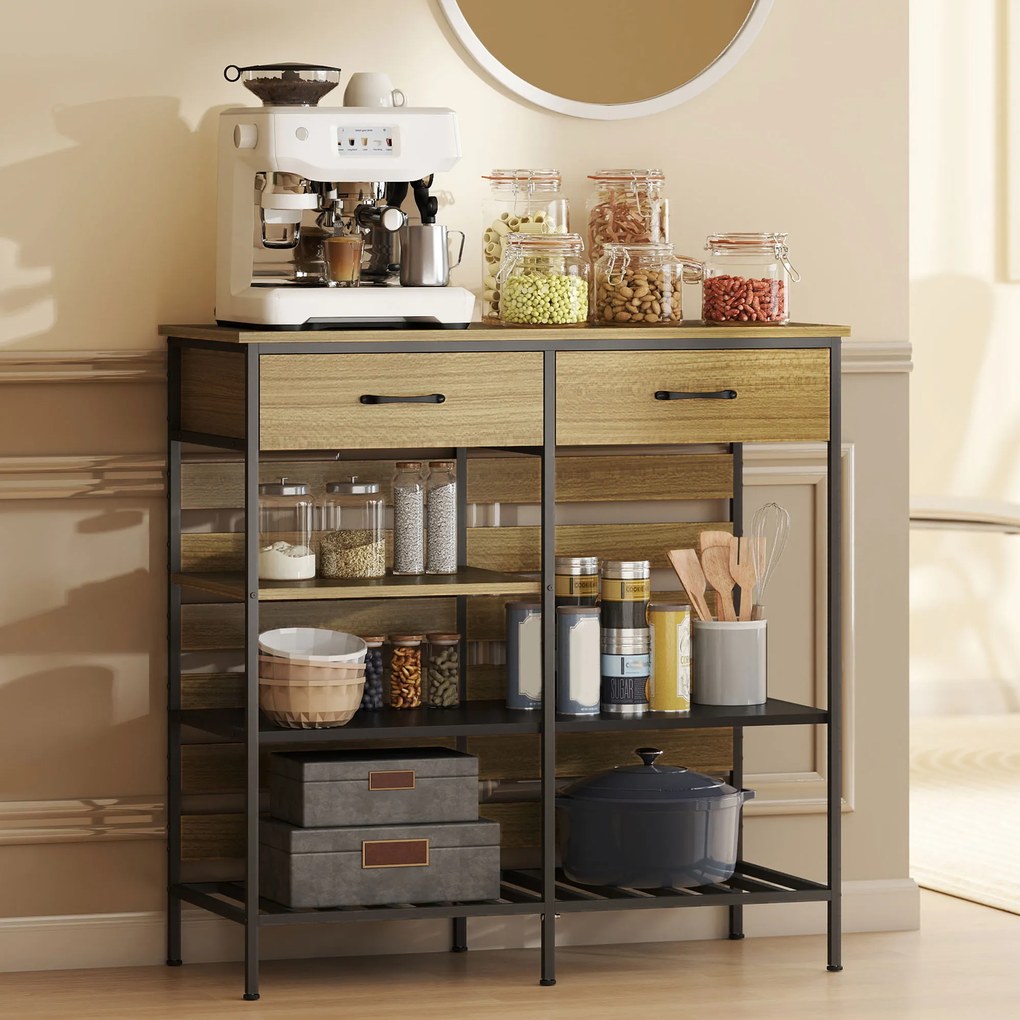 HOMCOM Bufet bucătărie, corp de depozitare cu 2 sertare și 3 rafturi deschise, 90 x 40 x 91 cm, lemn natural și negru | Aosom Romania