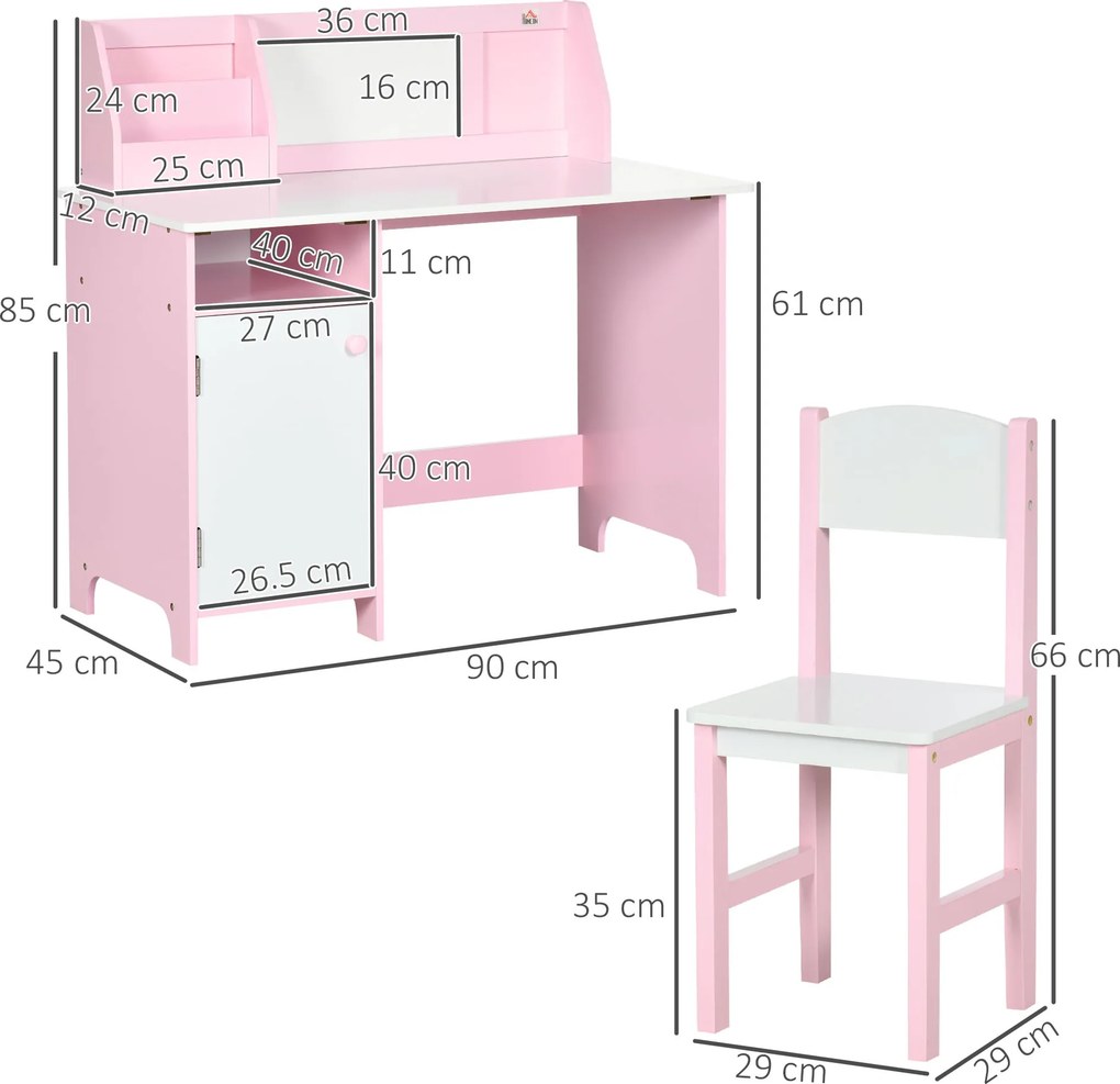 HOMCOM Set Masă și Scaune pentru Copii 5-8 Ani cu Spațiu de Depozitare, Tablă și Scaun, 90x45x85 cm, Roz | Aosom Romania