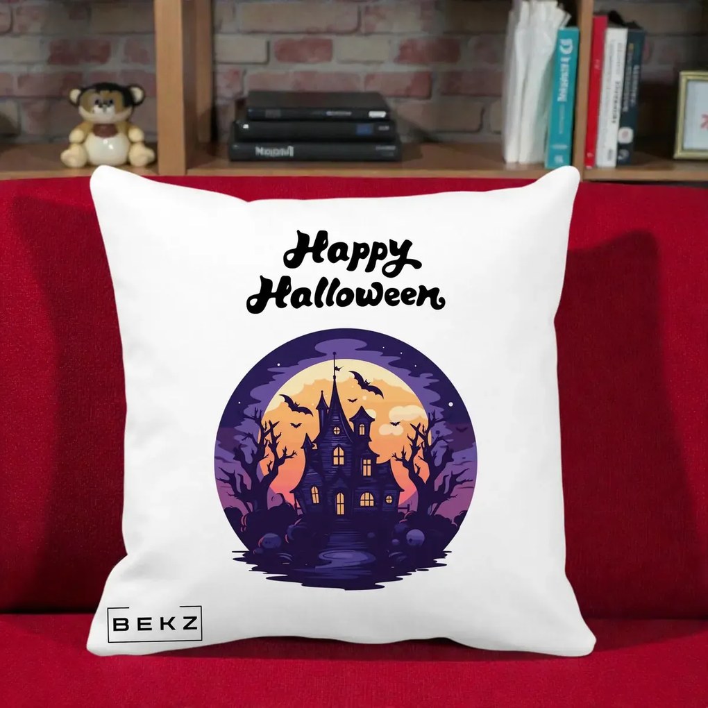 Perna Decorativa Happy Halloween Casa Bantuita Violet, 40x40 cm, Alba Mata, Husa Detasabila, Perna Inclusa, BEKZ®
