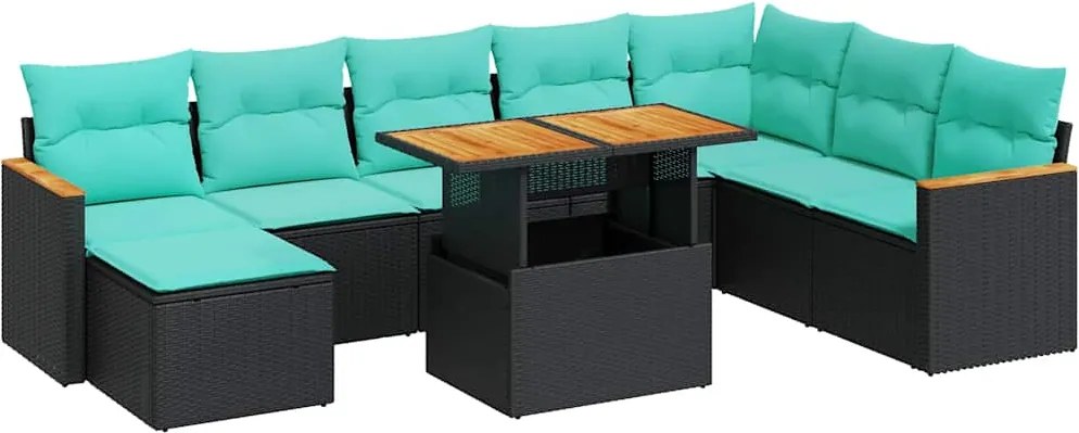 vidaXL Set mobilier de grădină cu perne, 9 piese, negru, poliratan