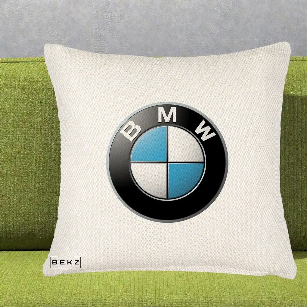 Perna Personalizata cu emblema BMW, 40x40 cm, Crem Reliefat, Husa Detasabila, Perna Inclusa, BEKZ®