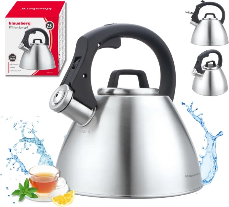 Fierbător fluierător Klausberg KB 7951, 2.5 l, Oțel inoxidabil, Mâner termoizolant, Inducție, Onix mat