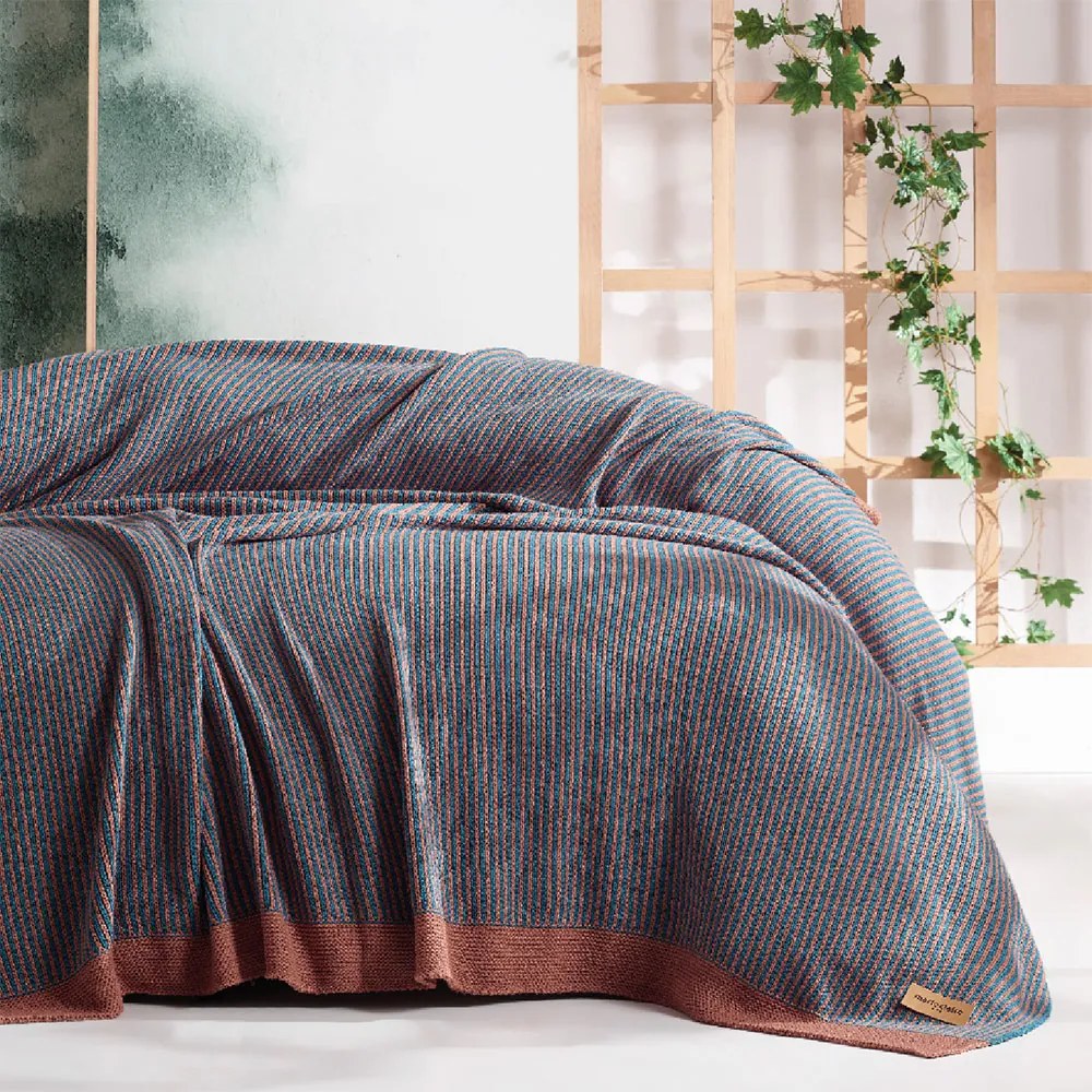 Patura tricot Charlene 220x240 cm, albastru/maro