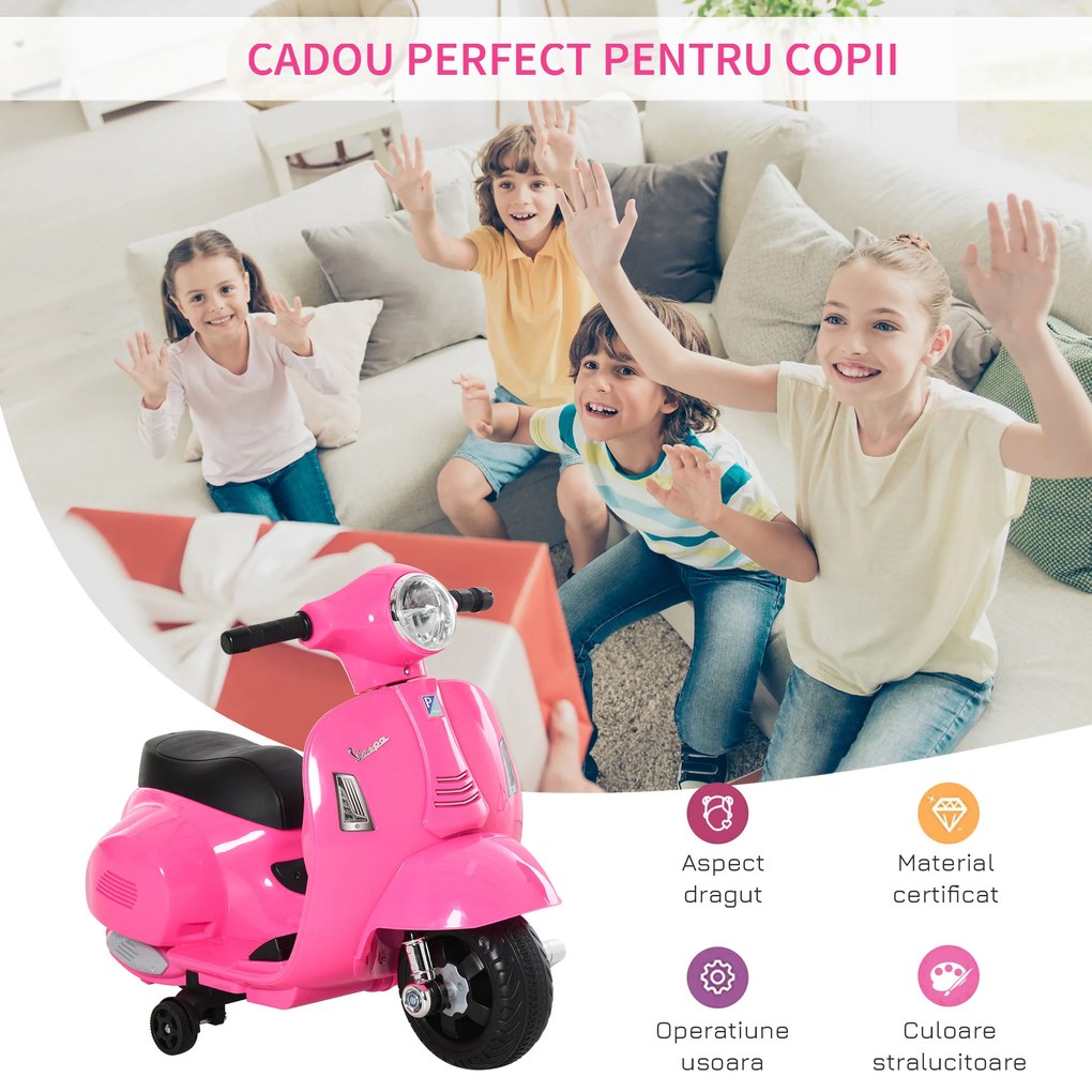 HOMCOM Motocicletă Electrică pentru Copii cu Baterie 6V, Faruri și Claxon Motocicletă pentru Copii de 18-36 luni, 66.5x38x52 cm, Roz  | Aosom Romania