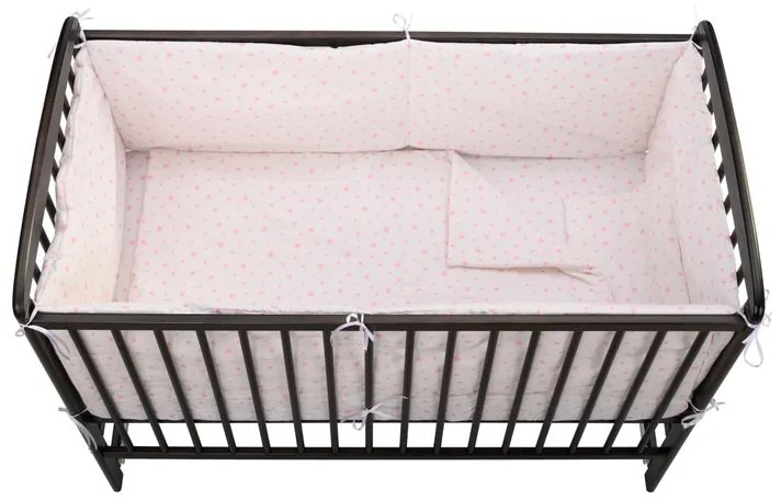 BabyNeeds - Lenjerie patut 5 piese, Cu doua protectii laterale, Pernuta, Plapumioara, Cearceaf, Din bumbac, Pentru patut 120x60 cm, Alb cu stelute roz