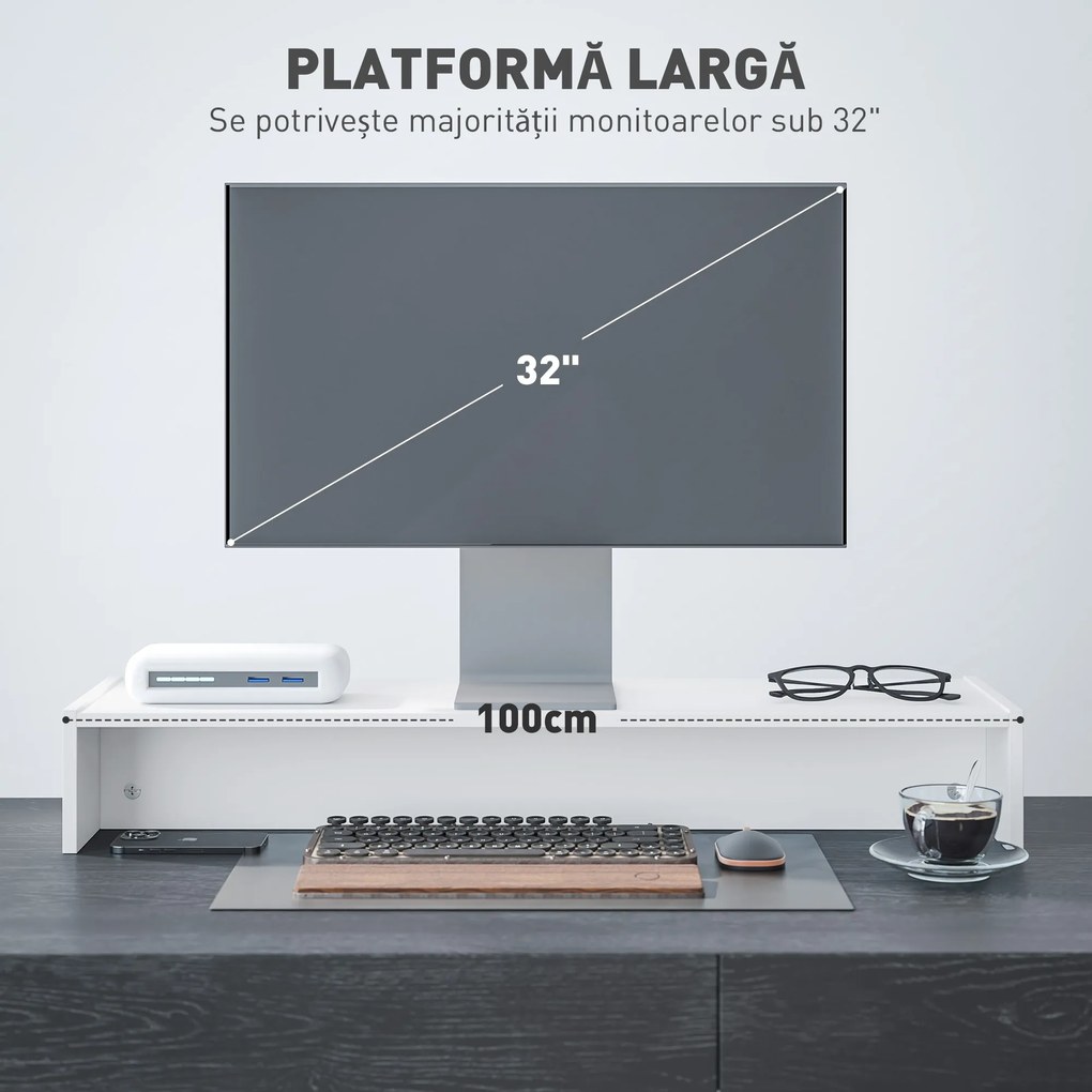 HOMCOM Suport monitor până la 16kg, cu 2 Compartimente de Depozitare, 100x27x15 cm, Alb | Aosom Romania