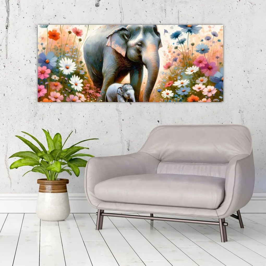 Tablou - Mama elefant, acuarelă (120x50 cm)