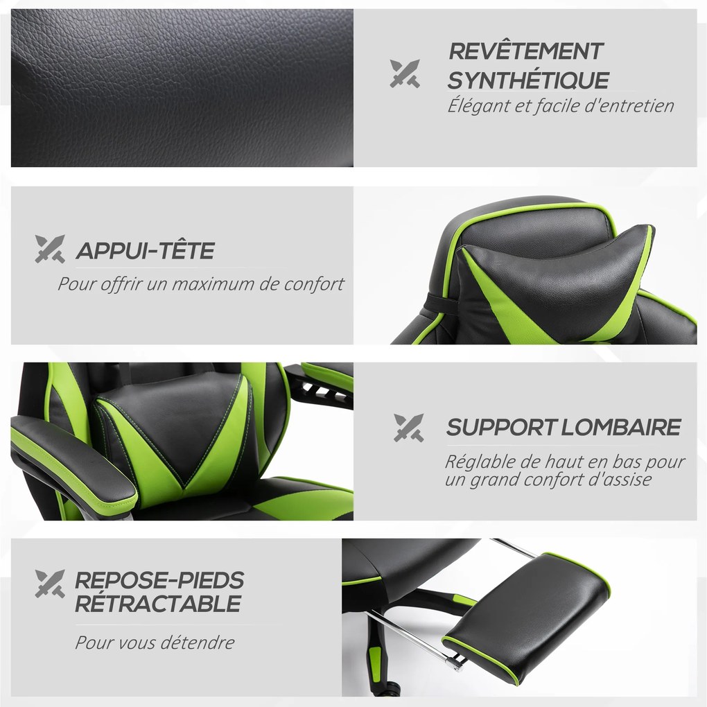 Vinsetto Scaun gaming ergonomic cu suport picioare, cap și lombar, fotoliu de birou confortabil, înălțime reglabilă, negru/verde | Aosom Romania