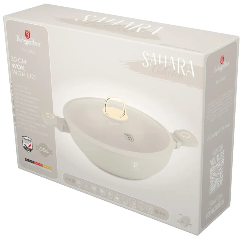 Wok cu capac 30 cm Sahara Berlinger Haus BH 8065, strat antiaderent, crem